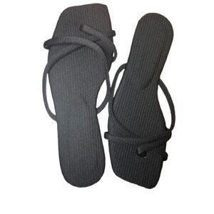 Chic Black Linen Strappy Slide on Flat Sandals